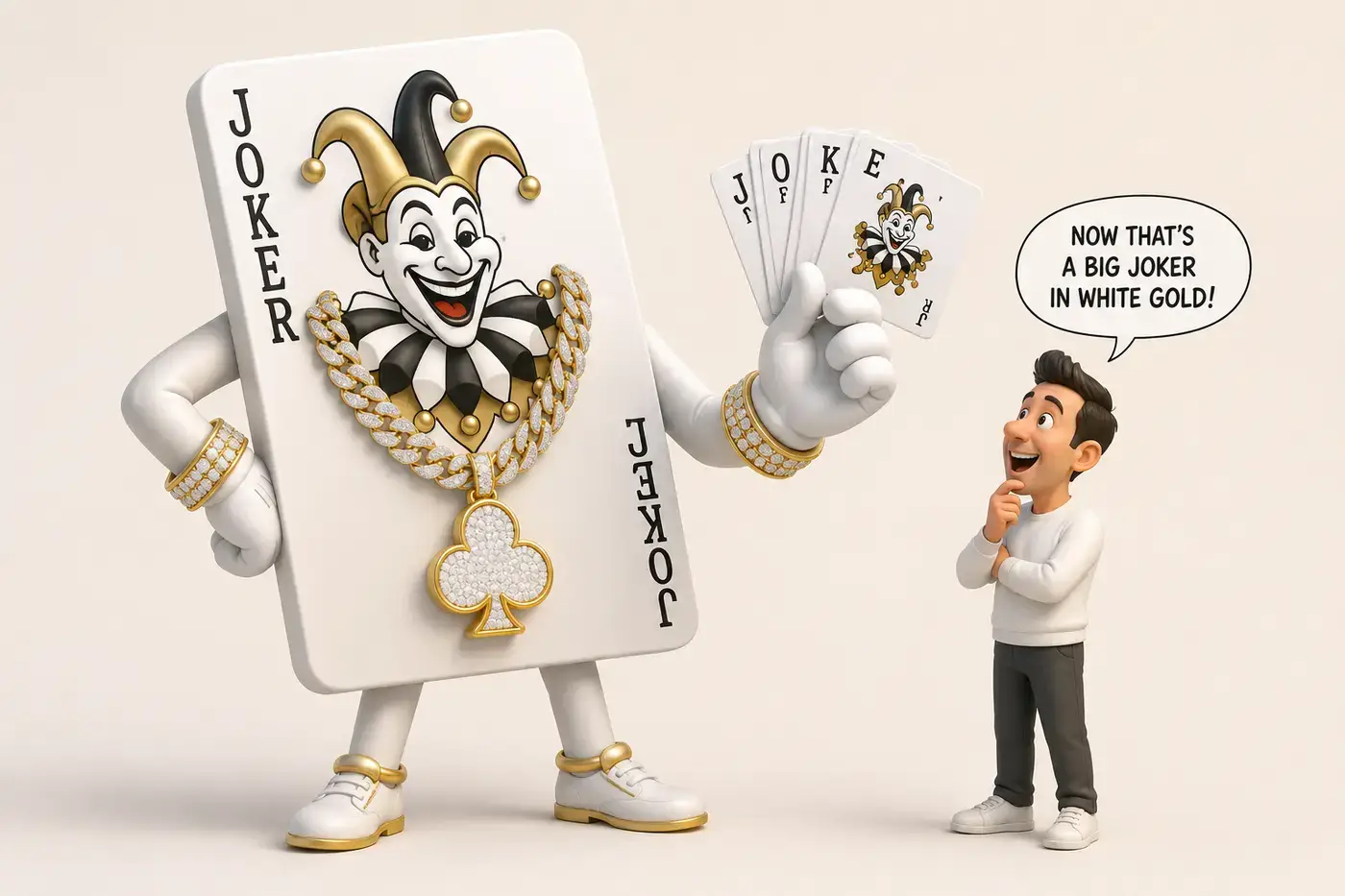 Big Joker Playing Cards in White Gold Jewelry