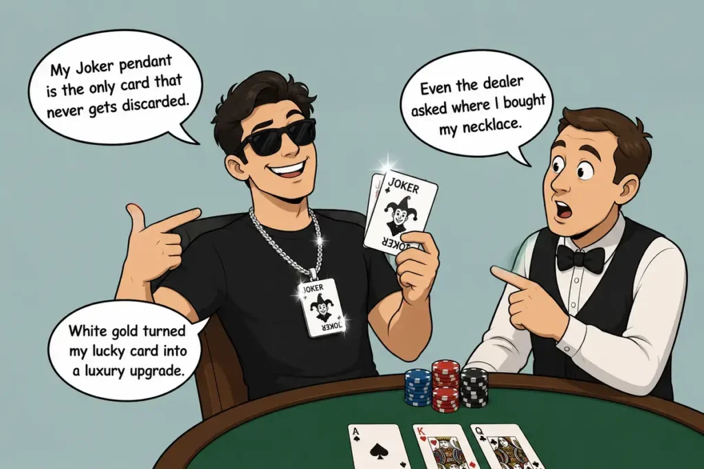 Funny Big Joker Playing Cards in White Gold Jewelry One-Liners